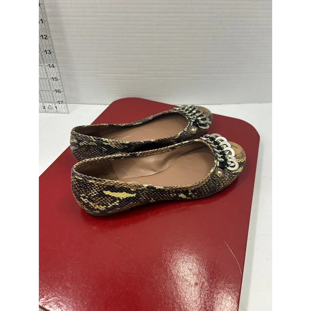 Jessica Simpson Snakeskin Ballet Flat 7B Brown Yellow Chain Rhinestone Glam Edgy